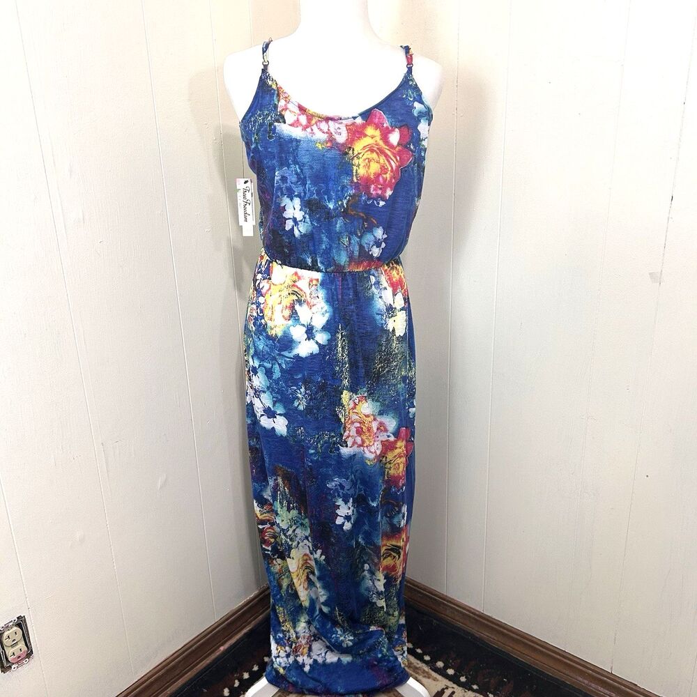True Freedom New Blue Floral Wrap Maxi Dress Size XL Juniors Sleeveless Elastic